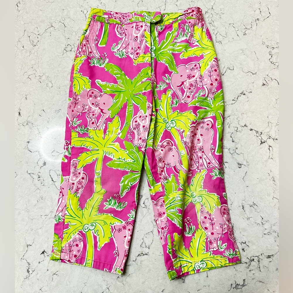 Lilly Pulitzer Girls Size 6 Pants Pink Jungle Print Elephants Palm Trees